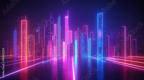 Glowtime celebration Glowing neon lines tracing the outline of a cityscape, abstract design, modern and energetic