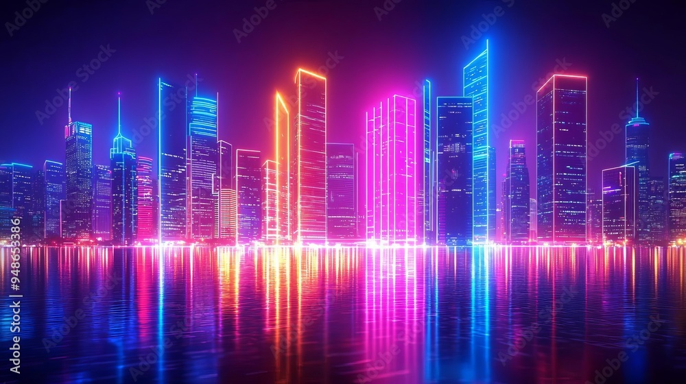 Glowtime celebration Glowing neon lines tracing the outline of a cityscape, abstract design, modern and energetic Glowtime celebration Glowing neon lines tracing the outline of a cityscape, abstract design, modern and energetic