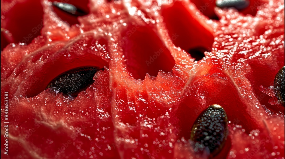Extreme Close-Up of Juicy Watermelon Flesh with Black Seeds - Vibrant Freshness and Texture Extreme Close-Up of Juicy Watermelon Flesh with Black Seeds - Vibrant Freshness and Texture