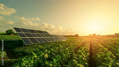 117. **A farm with a solar panel array and fields of crops under a clear sky.