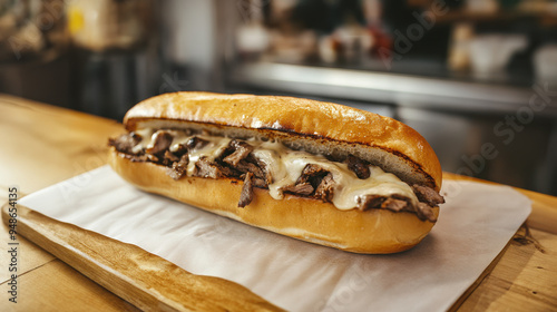 A Philly cheese steak sandwich on a restaurant counter.