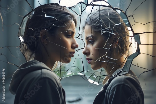abstract concept of a woman looking at her sad thoughts in cracked mirror, mental health