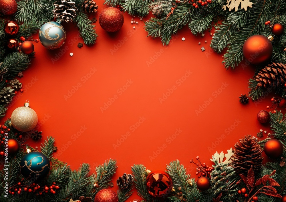 Festive Christmas arrangement with ornaments, pine cones, and fir branches framing a red background perfect for holiday-themed advertisements, greetings, or invitations,
