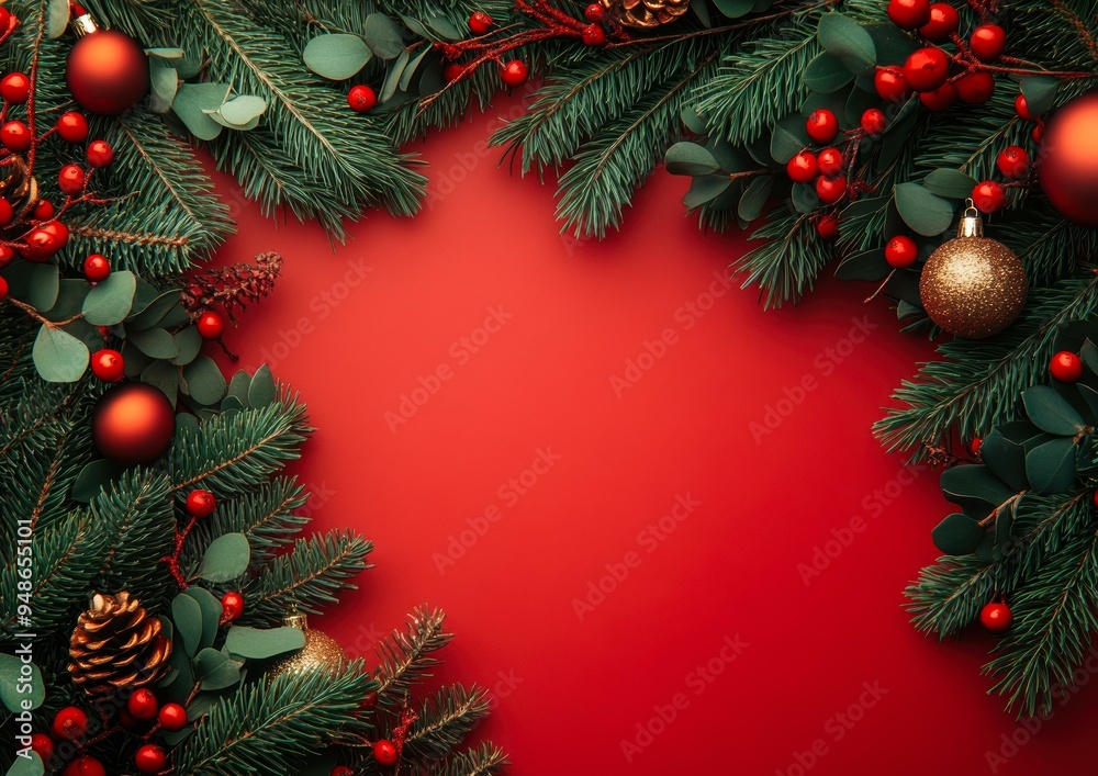 Festive Christmas decorations with pine branches, red berries, and ornaments on a vibrant red background, perfect for holiday cards, seasonal advertisements, and winter-themed projects,
