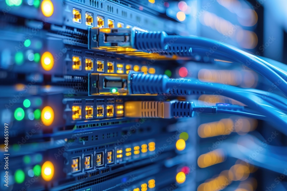 Close-up of network cables connected to brightly lit servers in a data center. Close-up of network cables connected to brightly lit servers in a data center.