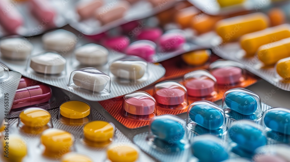 An up close view of a selection of contemporary medications, showcasing different types of pills and capsules in a rainbow of colors. The pills are arranged in a visually appealing An up close view of a selection of contemporary medications, showcasing different types of pills and capsules in a rainbow of colors. The pills are arranged in a visually appealing