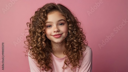  Teen girl with curly hair, happy lips, pink background