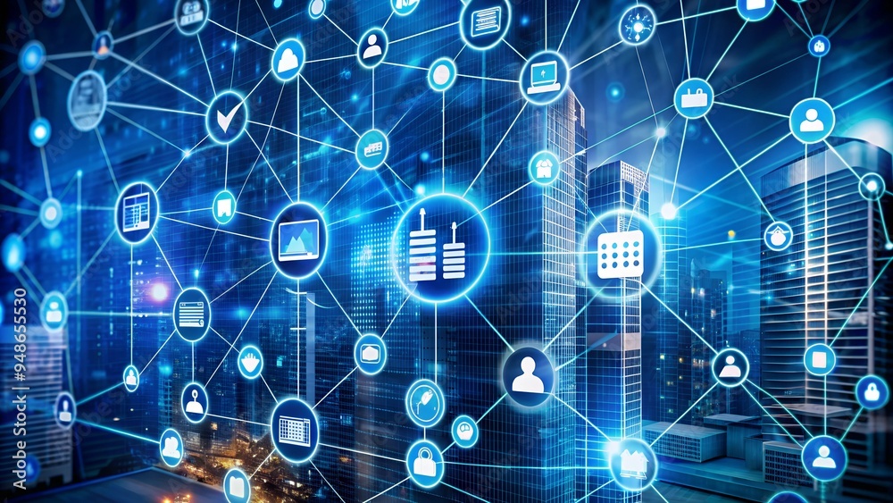 Digital Network: Connected Cityscape Abstract Background