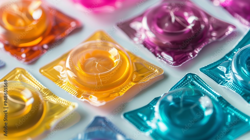 An up close view of a selection of modern condoms, showcasing various types and packaging styles in a rainbow of colors. The condoms are arranged in a visually appealing pattern on An up close view of a selection of modern condoms, showcasing various types and packaging styles in a rainbow of colors. The condoms are arranged in a visually appealing pattern on