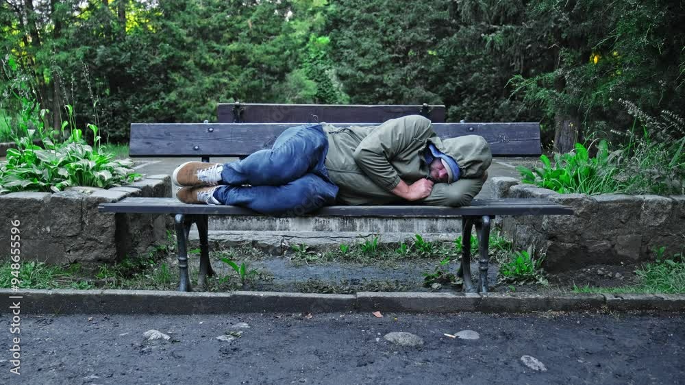 Poor Unemployed Homeless Man Sleeping on Park Bench