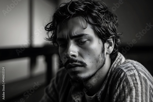 black and white portrait of man depressed alone at home