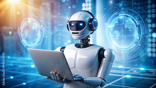 Robot Using Laptop, Global AI, Future Tech High-Resolution