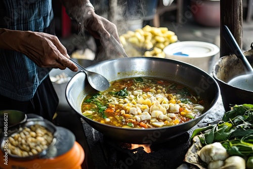 Man scoop indonesia sayur asem or sweet sour soup photo