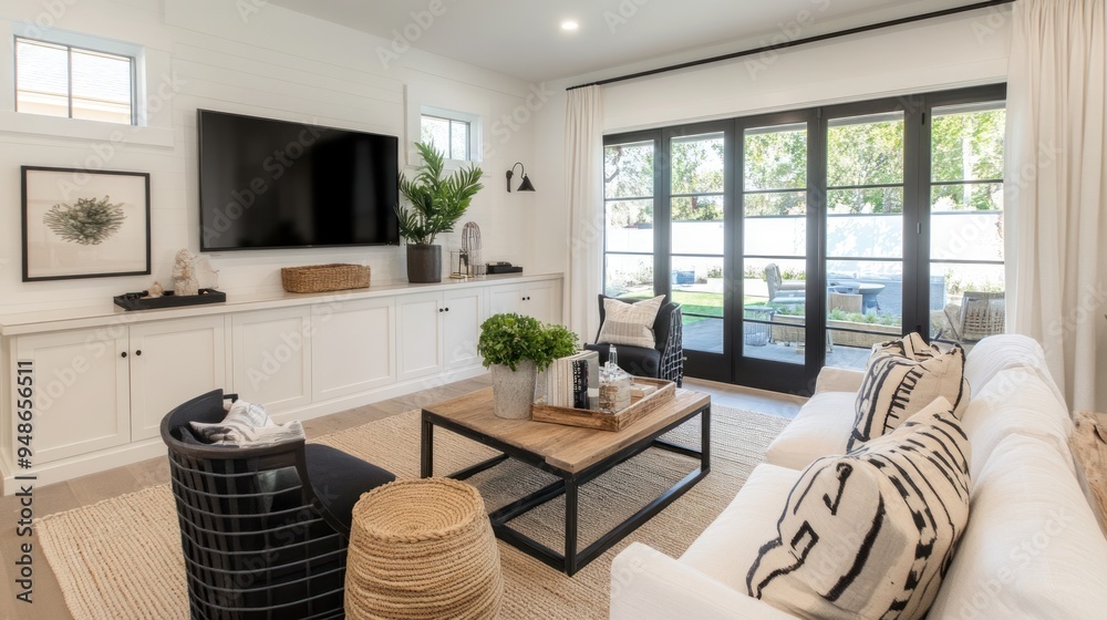 Fototapeta premium Contemporary living room with white walls, black framed windows and a TV.