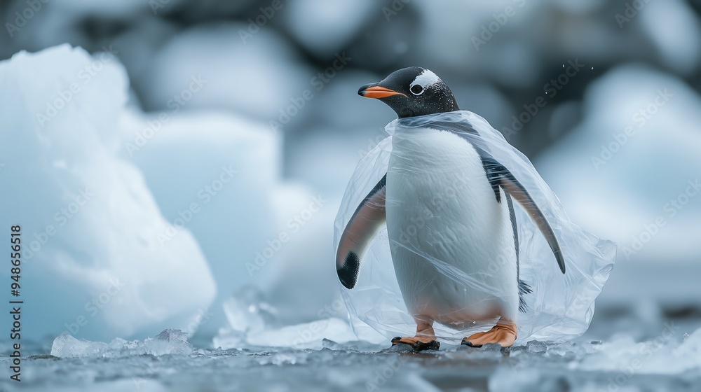 Fototapeta premium A penguin walks on the ice, covered in a clear plastic bag, covered in transparent plastic bags,Surrealism, the fusion of imagination and reality,shot using a Canon EF 16-35mm f/2