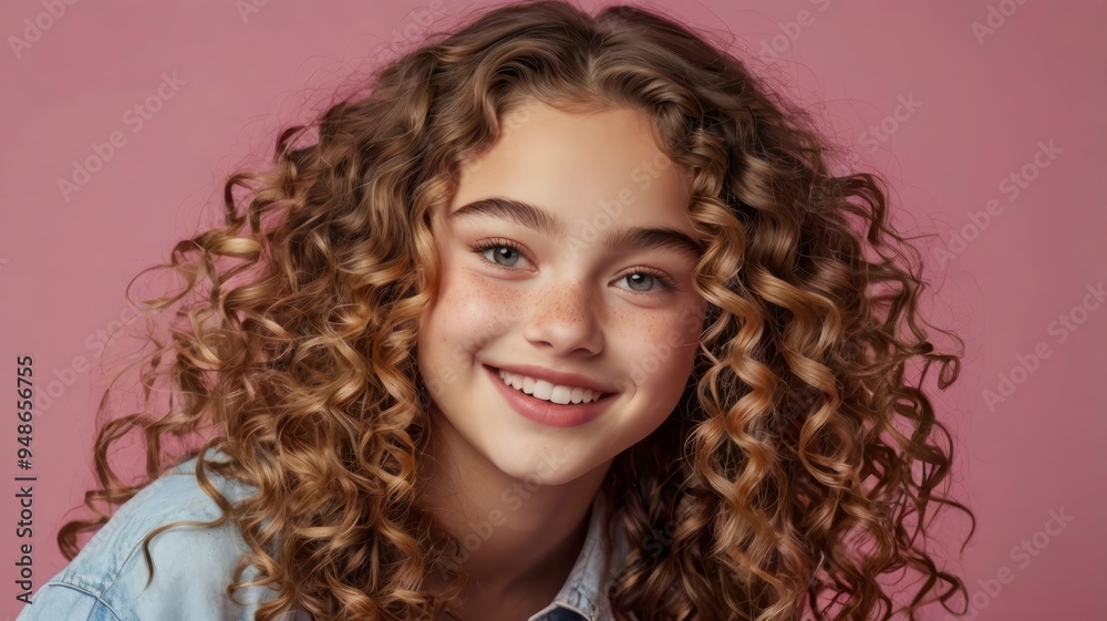 Teenage girl model making happy face, touching curls, pink background close-up Teenage girl model making happy face, touching curls, pink background close-up