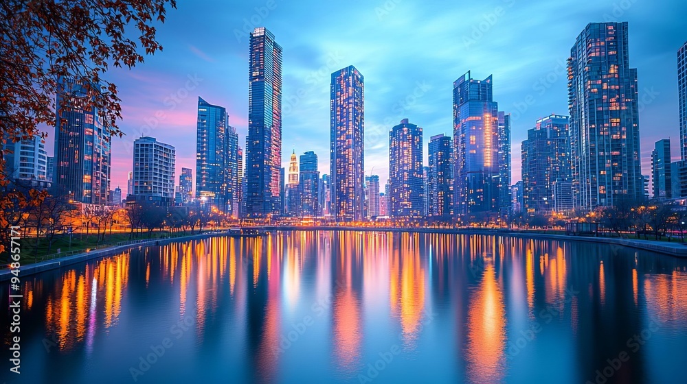 Naklejka premium Glowtime energy City skyline at dusk with glowing skyscrapers reflecting on a calm river, urban serenity, modern glow