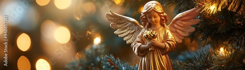 Angel ornament atop decorated tree