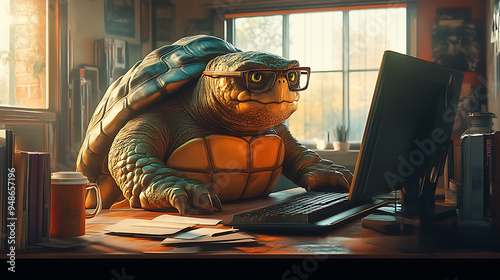 Turtle-wearing glasses sit at a desk in a modern home office, typing on a computer keyboard. the desk is cluttered with books, papers, and a coffee mug. The turtle is focused on the screen. photo