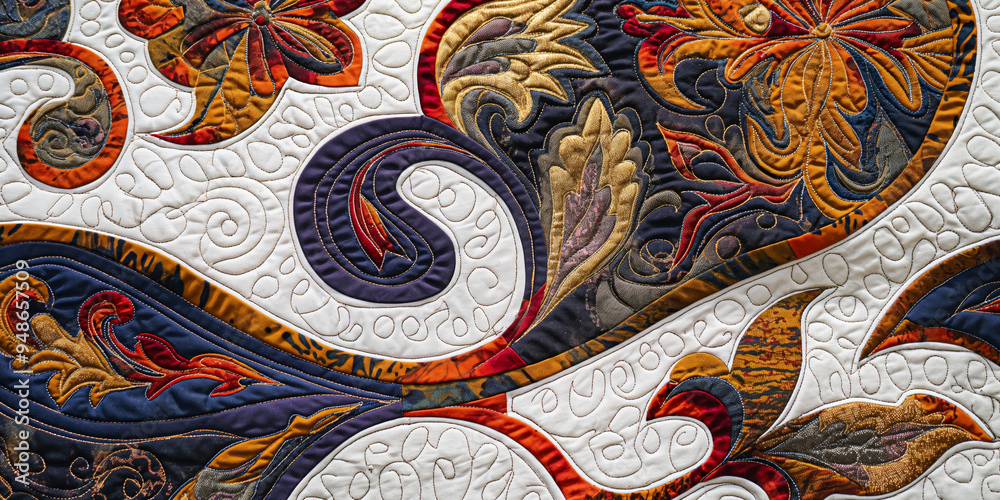 Detailed Handcrafted Quilt with Vibrant Floral and Leaf Patterns in Warm Autumn Colors Detailed Handcrafted Quilt with Vibrant Floral and Leaf Patterns in Warm Autumn Colors