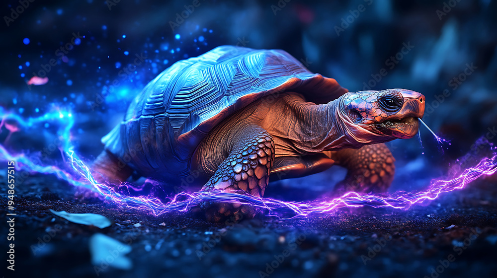 Close-up of a turtle biting an internet cable in a server room, causing it to snap, with purple and blue sparks in a cyberpunk style. Close-up of a turtle biting an internet cable in a server room, causing it to snap, with purple and blue sparks in a cyberpunk style.