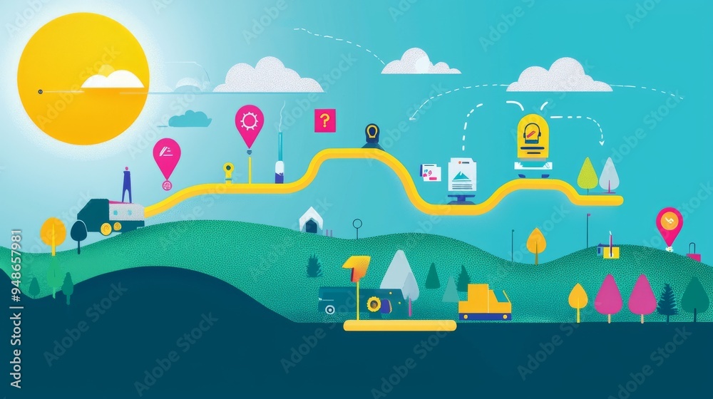 Fototapeta premium Abstract illustration of a winding yellow path through a landscape, dotted with icons representing various stages of a journey.