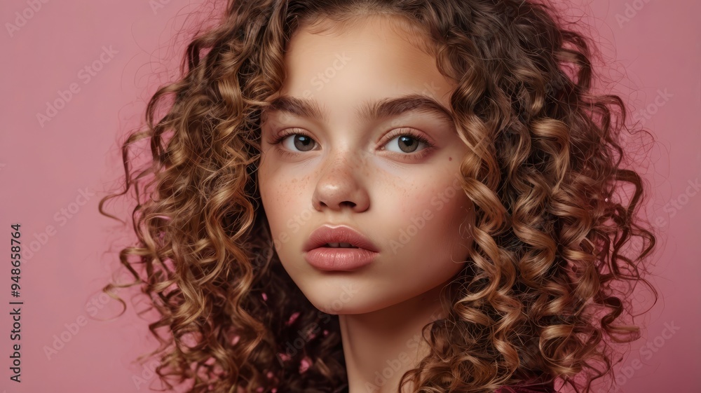 Youth model girl with curly hair, pouting lips, pink background close-up Youth model girl with curly hair, pouting lips, pink background close-up