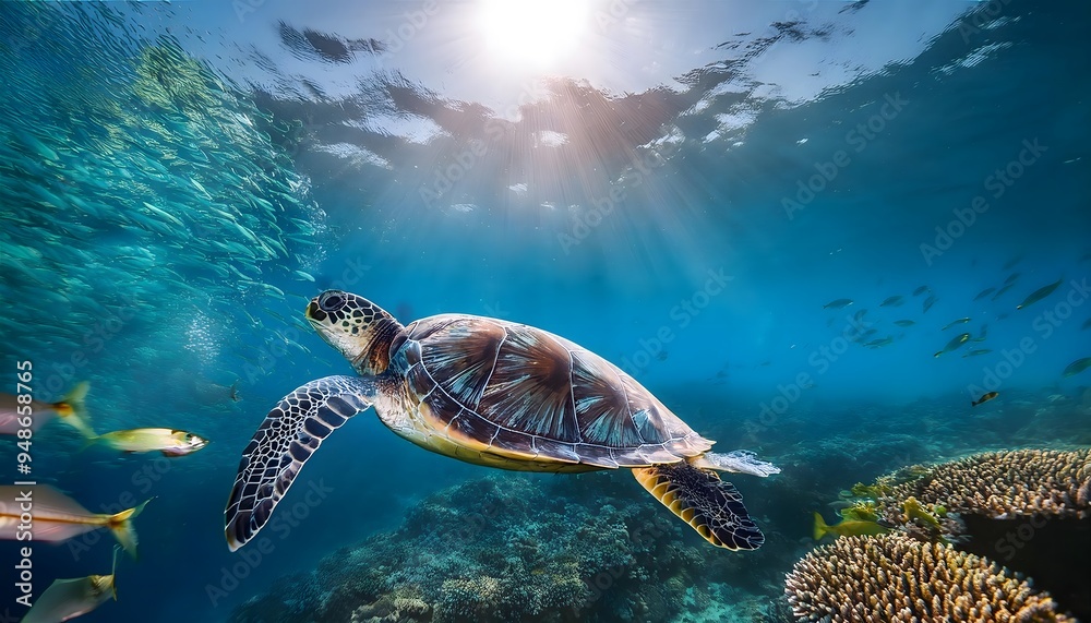 Turtle gliding gracefully through the clear blue ocean Turtle gliding gracefully through the clear blue ocean