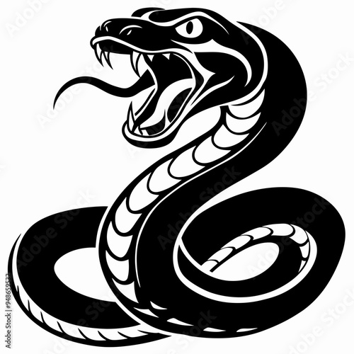 Aggressive snake with an open mouth and tongue out in a black and white illustration