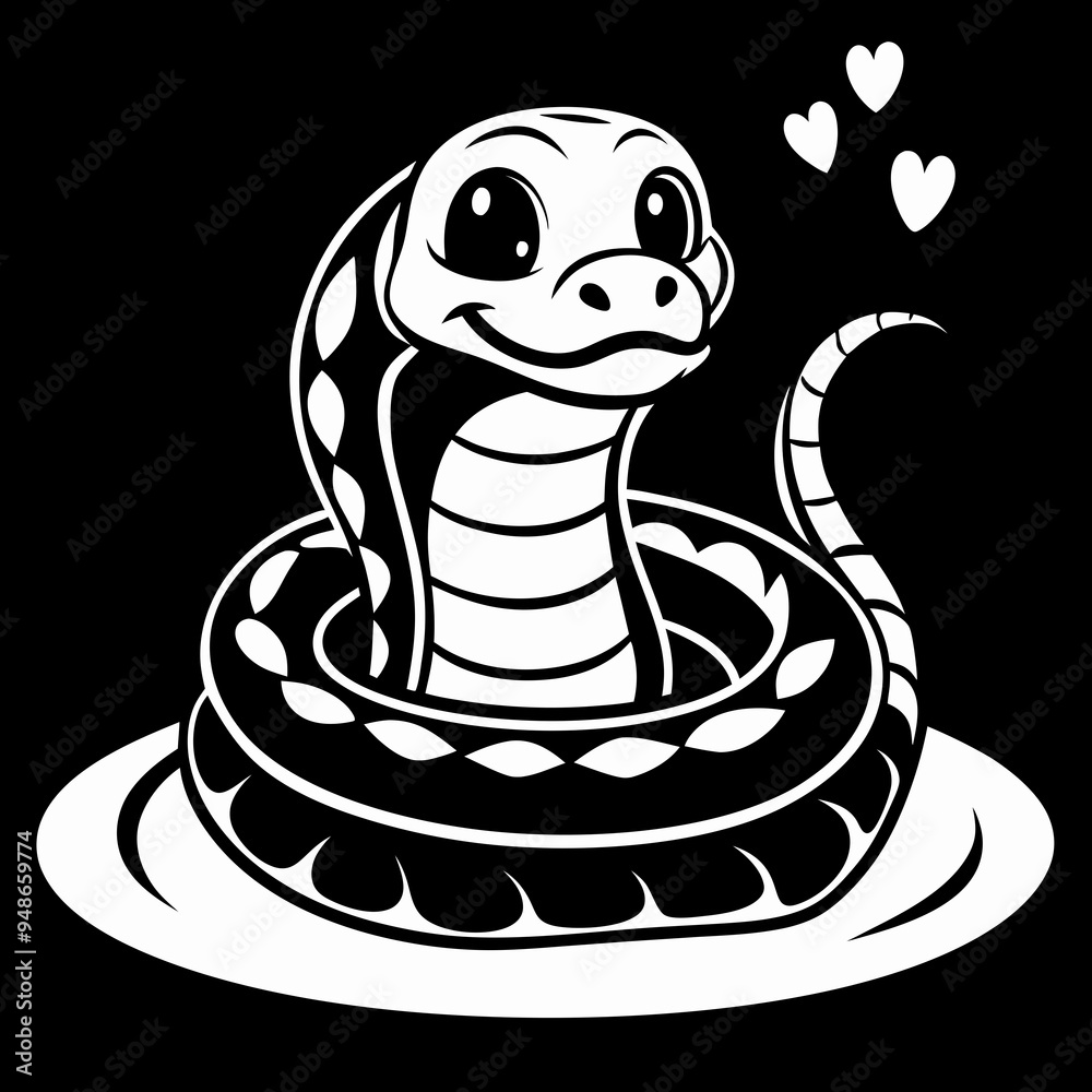 Fototapeta premium Cute cartoon snake smiling with hearts on a black background