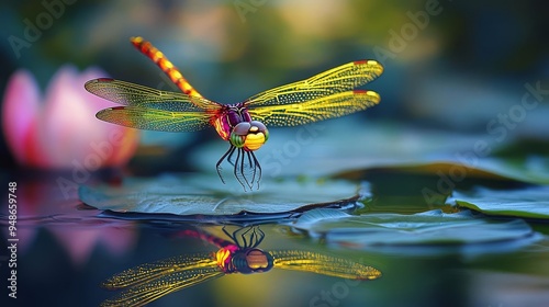 Glowtime party A glowing dragonfly hovering over a still pond, nature s beauty, delicate and beautiful scene photo