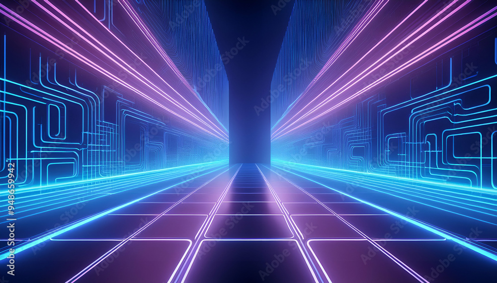 Fototapeta premium 3d Abstract neon corridor with vibrant blue and pink lights glowing neon hallway in a dark pink background 