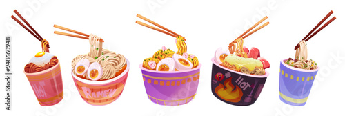 Noodle with chopsticks in cardboard cup and bowl. Cartoon vector illustration set of instant ramen spaghetti with delicious appetizing ingredients - eggs and meat, mushrooms and vegetables, spices.