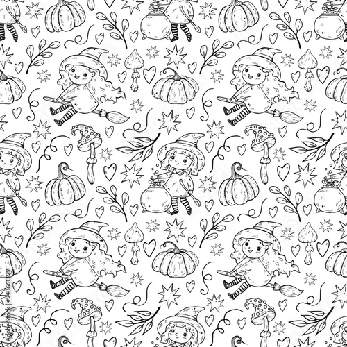 Halloween seamless vector pattern with little funny witches in hats, pumpkins, mushrooms. Black line illustration for decoration and design wrapping paper, fabrics, souvenirs