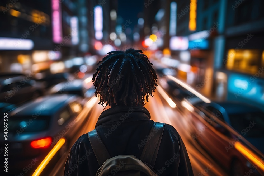 Fototapeta premium man walking through city at night, motion blur effect, city lights