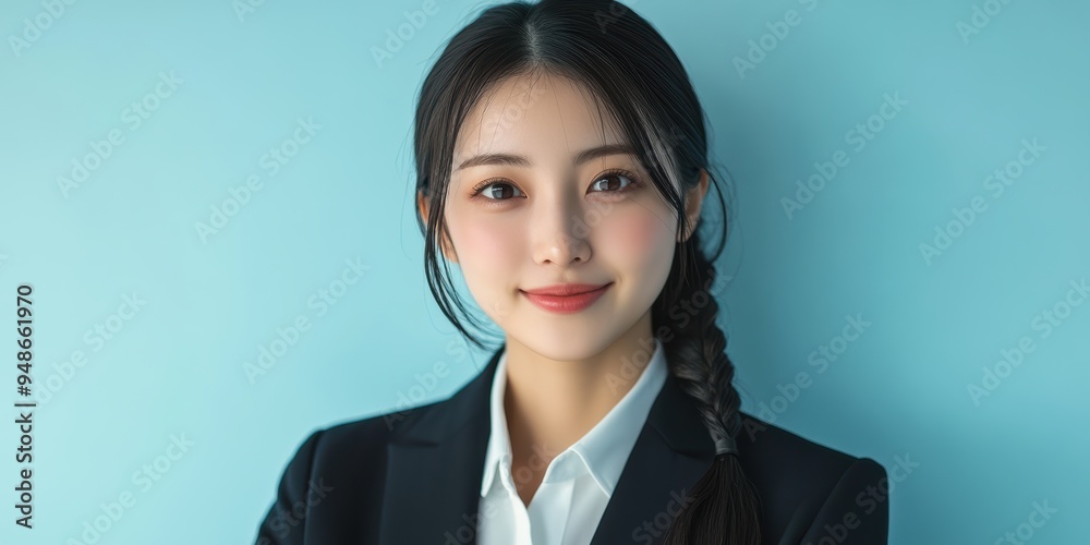 A friendly yet professional Asian businesswoman in a blue suit, smiling warmly to convey kindness and sincerity. She exudes confidence and expertise in finance and business management A friendly yet professional Asian businesswoman in a blue suit, smiling warmly to convey kindness and sincerity. She exudes confidence and expertise in finance and business management