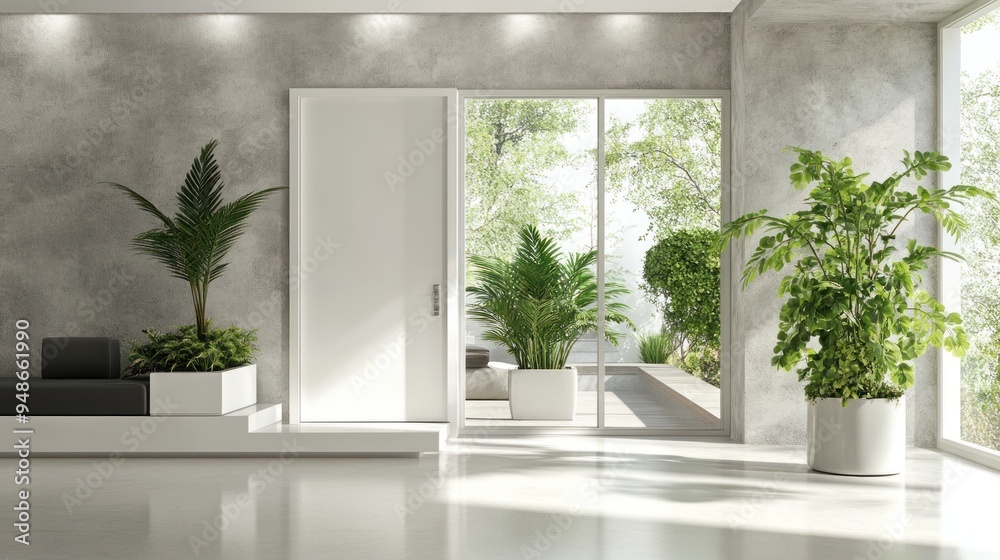 Modern interior design with white door, sliding glass door leading to a ...