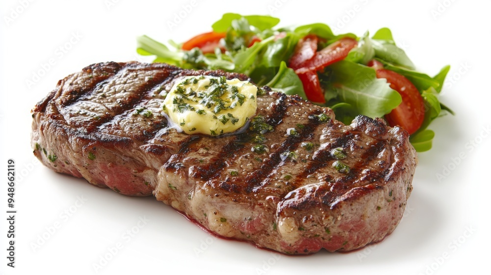 A mouthwatering image of a grilled steak with a pat of herb butter melting on top, served with a side of salad, all presented on a clean white background. A mouthwatering image of a grilled steak with a pat of herb butter melting on top, served with a side of salad, all presented on a clean white background.