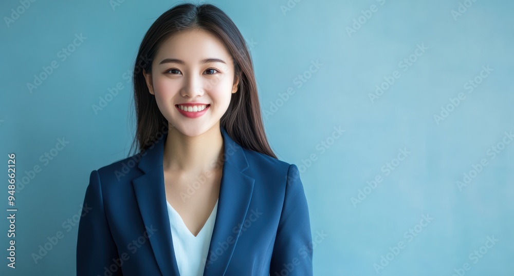 A friendly yet professional Asian businesswoman in a blue suit, smiling warmly to convey kindness and sincerity. She exudes confidence and expertise in finance and business management A friendly yet professional Asian businesswoman in a blue suit, smiling warmly to convey kindness and sincerity. She exudes confidence and expertise in finance and business management