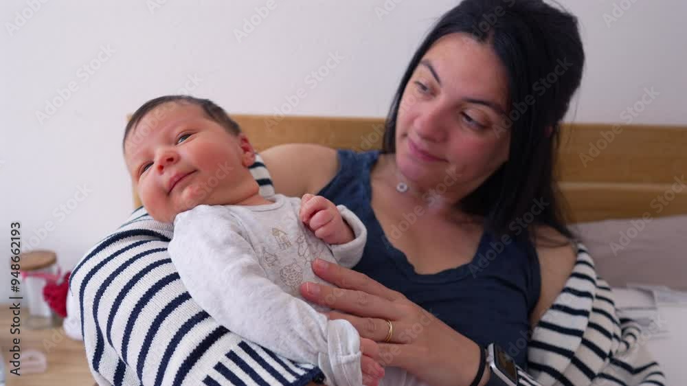 Mother holding newborn baby, gazing with love and care. Intimate moment of bonding in a cozy home environment. Perfect for concepts of motherhood, family, and the early days of parenting Mother holding newborn baby, gazing with love and care. Intimate moment of bonding in a cozy home environment. Perfect for concepts of motherhood, family, and the early days of parenting