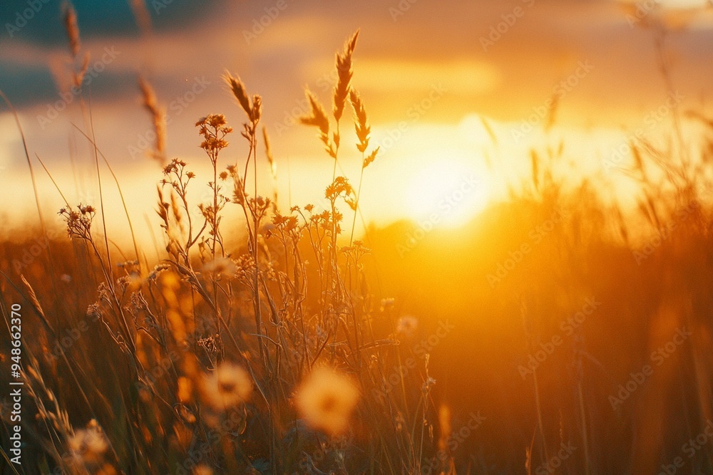 Obraz premium Golden Sunset Over Wildflower Field: Serene Nature Landscape