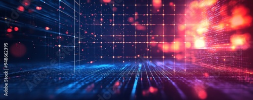 Futuristic digital technology background with glowing particles and abstract grid, representing innovation and data flow.