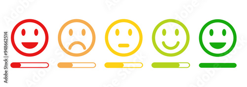  rating emojis set in different colors outline, feedback emoticons collection, happy, neutral, sad and very sad emojis, flat icon set of rating and feedback emojis icons color outline, emoji