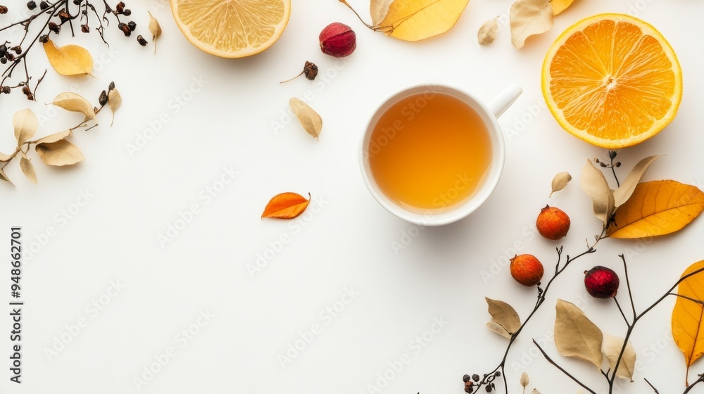 A warm cup of tea surrounded by citrus slices, dried leaves, and berries on a minimalist white background, capturing the essence of a cozy autumn day. A warm cup of tea surrounded by citrus slices, dried leaves, and berries on a minimalist white background, capturing the essence of a cozy autumn day.