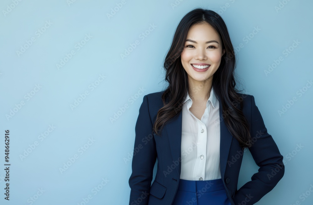 A friendly yet professional Asian businesswoman in a blue suit, smiling warmly to convey kindness and sincerity. She exudes confidence and expertise in finance and business management A friendly yet professional Asian businesswoman in a blue suit, smiling warmly to convey kindness and sincerity. She exudes confidence and expertise in finance and business management