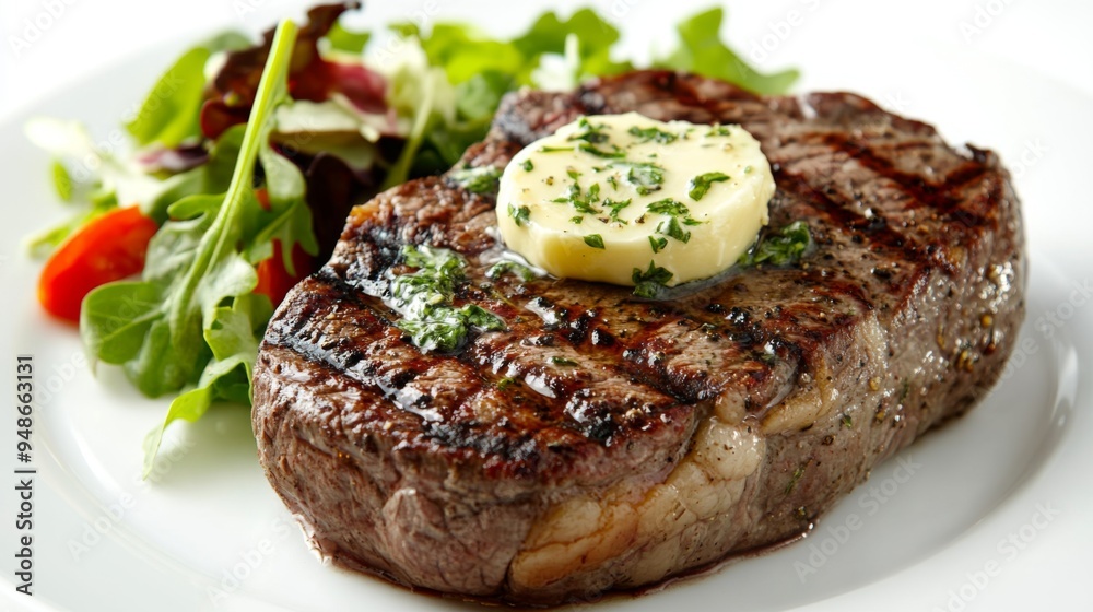 A mouthwatering image of a grilled steak with a pat of herb butter melting on top, served with a side of salad, all presented on a clean white background. A mouthwatering image of a grilled steak with a pat of herb butter melting on top, served with a side of salad, all presented on a clean white background.