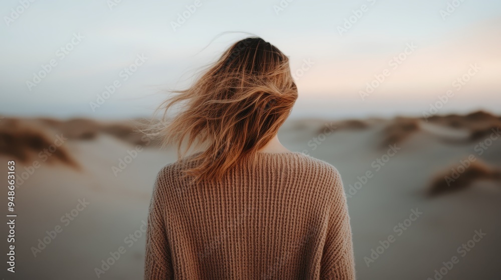 A woman with flowing hair, wearing a knitted sweater, stands with her back to the camera, gazing at the expansive sandy dunes, embodying tranquility and contemplation. A woman with flowing hair, wearing a knitted sweater, stands with her back to the camera, gazing at the expansive sandy dunes, embodying tranquility and contemplation.