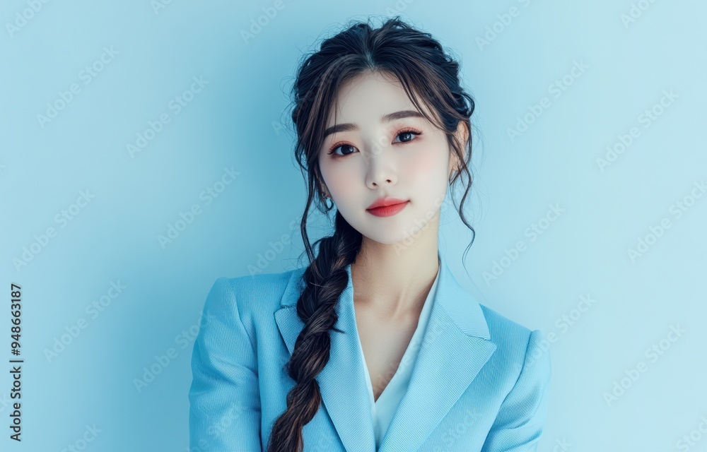 A friendly yet professional Asian businesswoman in a blue suit, smiling warmly to convey kindness and sincerity. She exudes confidence and expertise in finance and business management