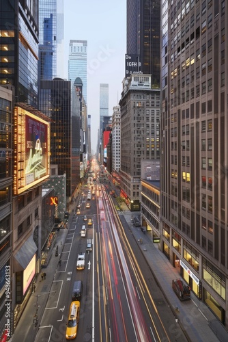 Aerial view of a busy city street with skyscrapers and traffic light trails.