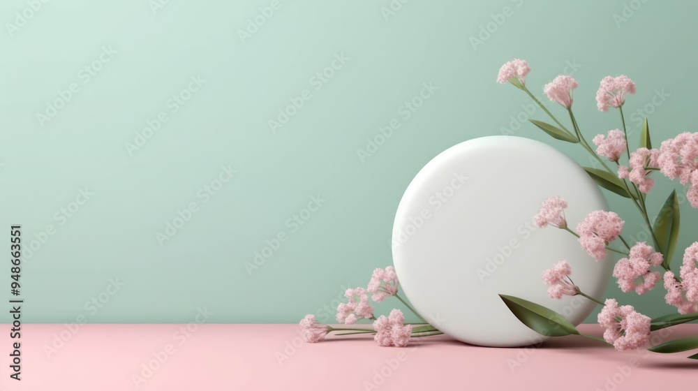 Pink Flowers and White Cylinder on Pastel Background Pink Flowers and White Cylinder on Pastel Background